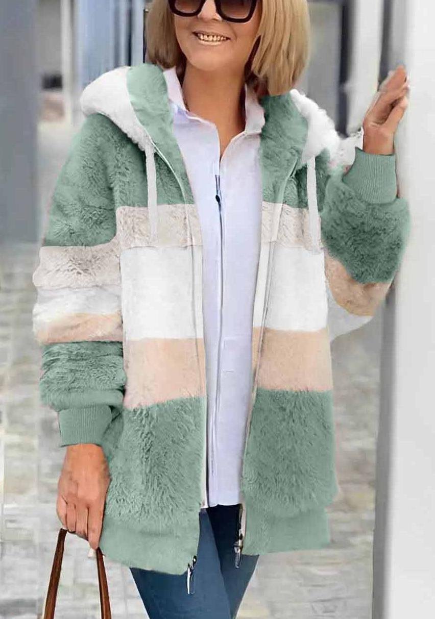 Women's Autumn And Winter Warm Plush Patchwork Zipper Pocket Hooded Loose Thick Coat