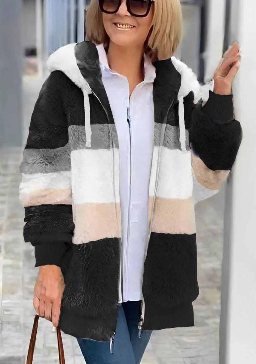Women's Autumn And Winter Warm Plush Patchwork Zipper Pocket Hooded Loose Thick Coat