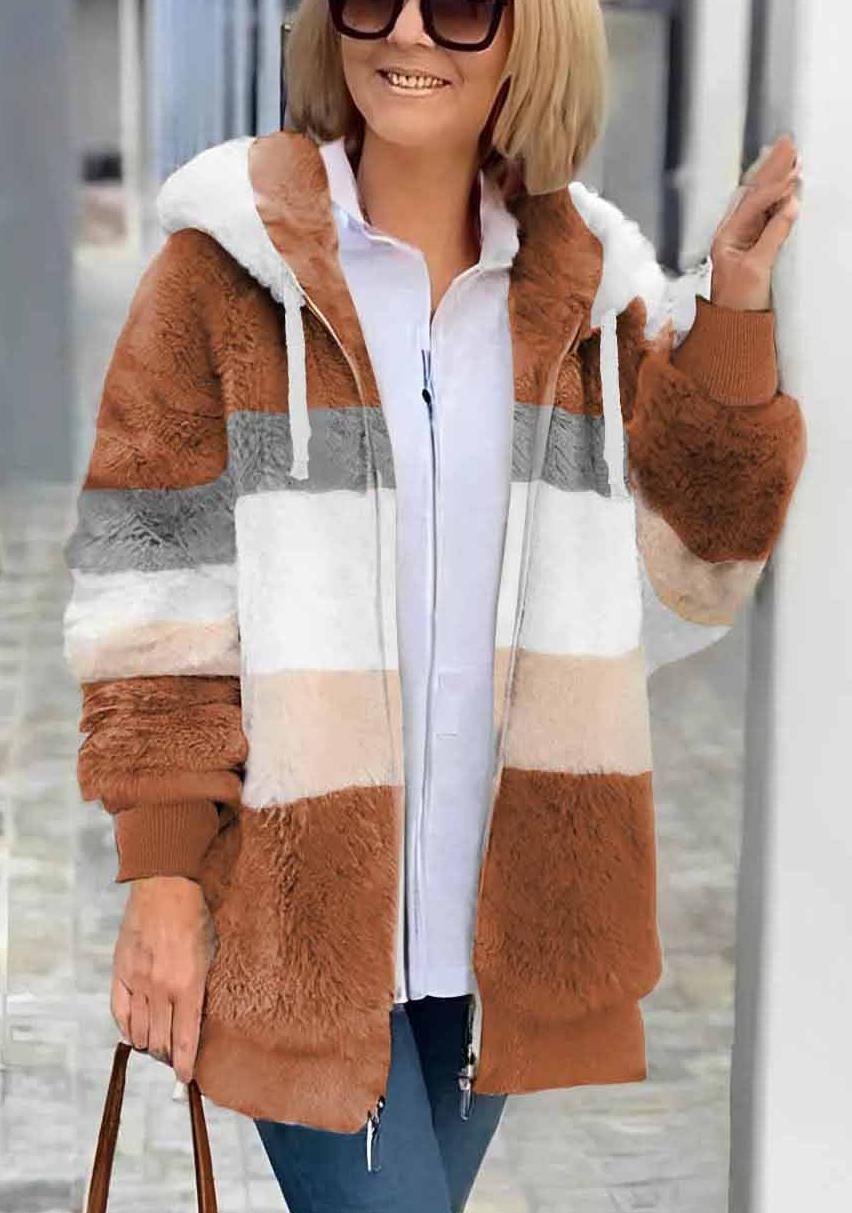 Women's Autumn And Winter Warm Plush Patchwork Zipper Pocket Hooded Loose Thick Coat
