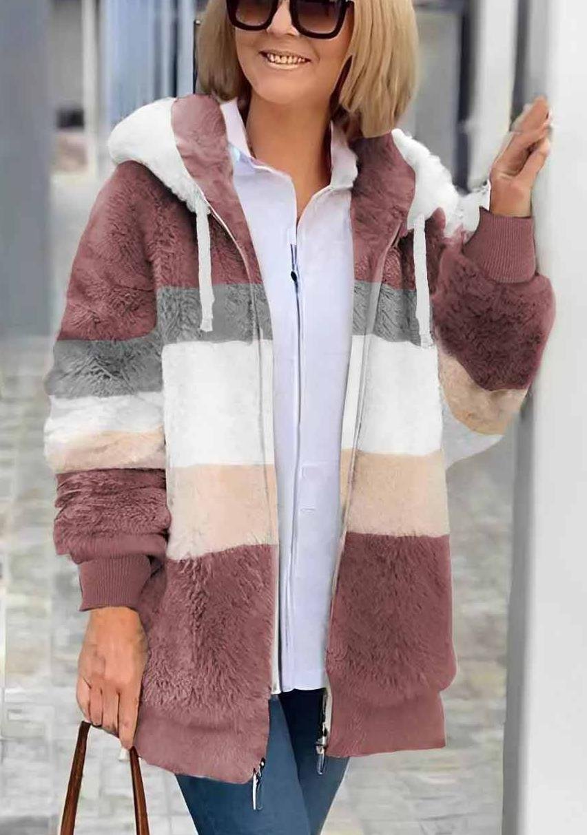 Women's Autumn And Winter Warm Plush Patchwork Zipper Pocket Hooded Loose Thick Coat