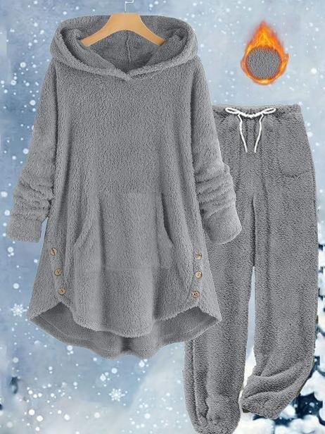 Loose Casual Solid Color Plush Hooded Long-Sleeved Trousers Two-Piece Suit