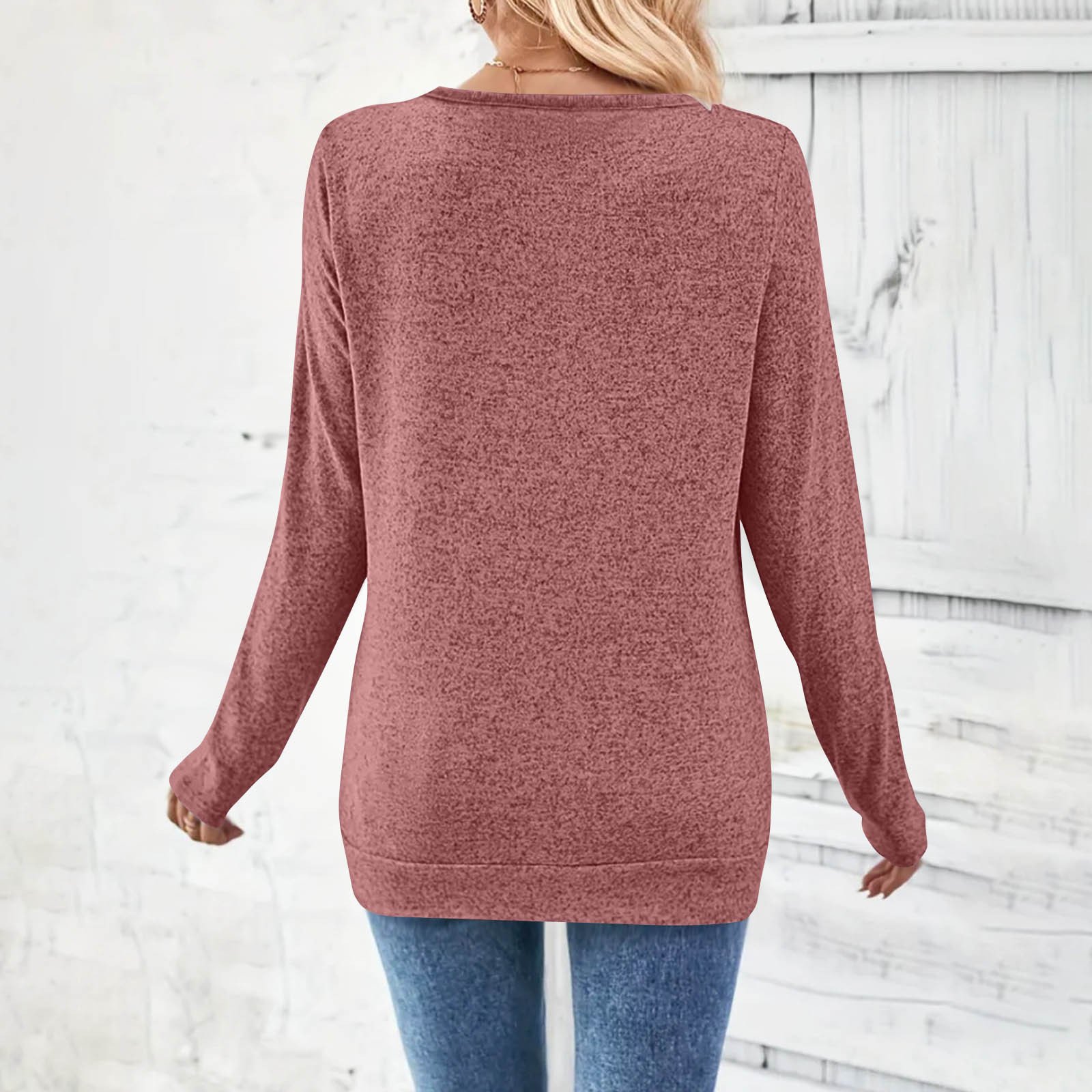 Women Plain V Neck Casual Long Sleeve T-shirt