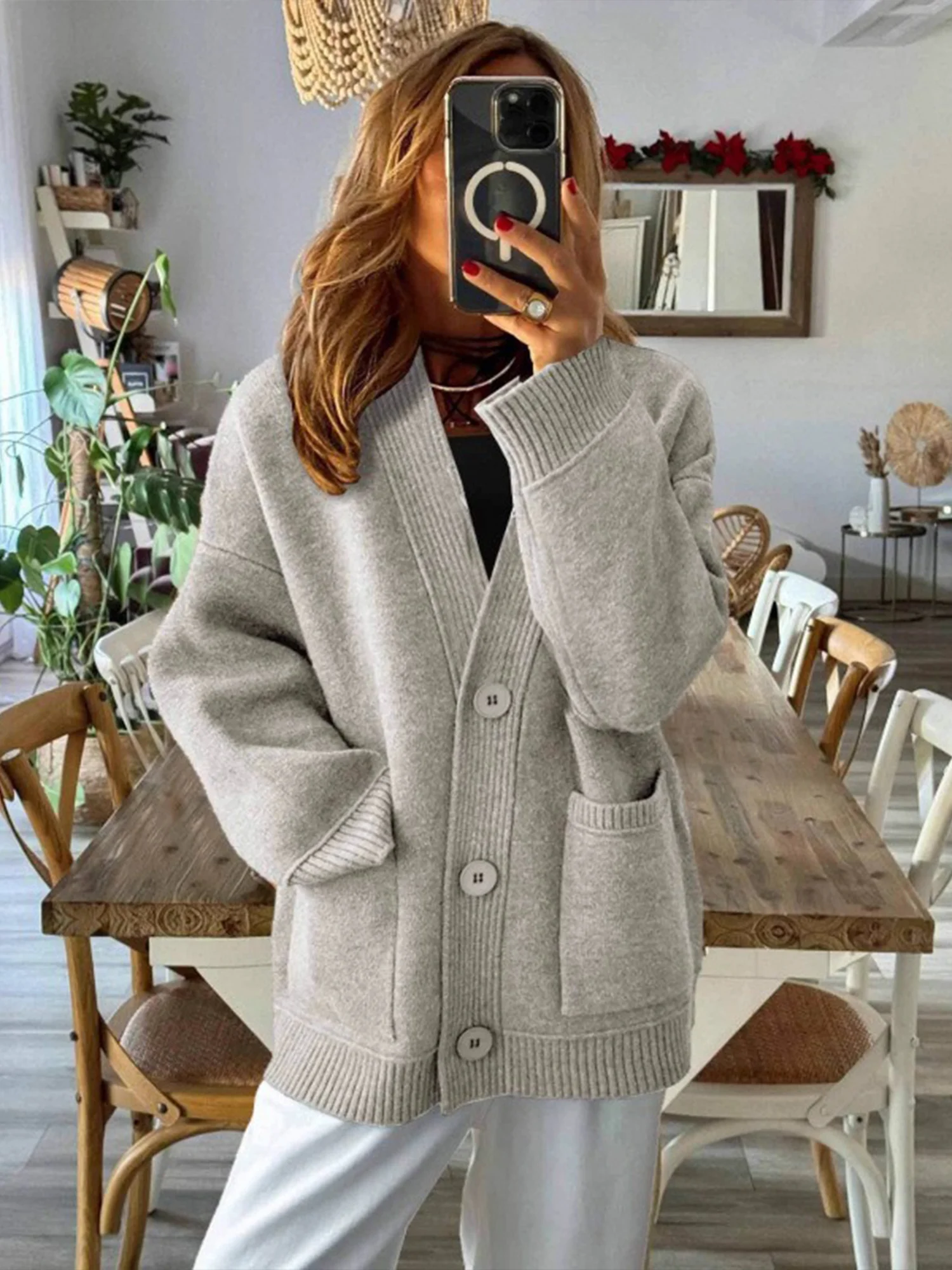 Casual Plain V Neck Cardigan