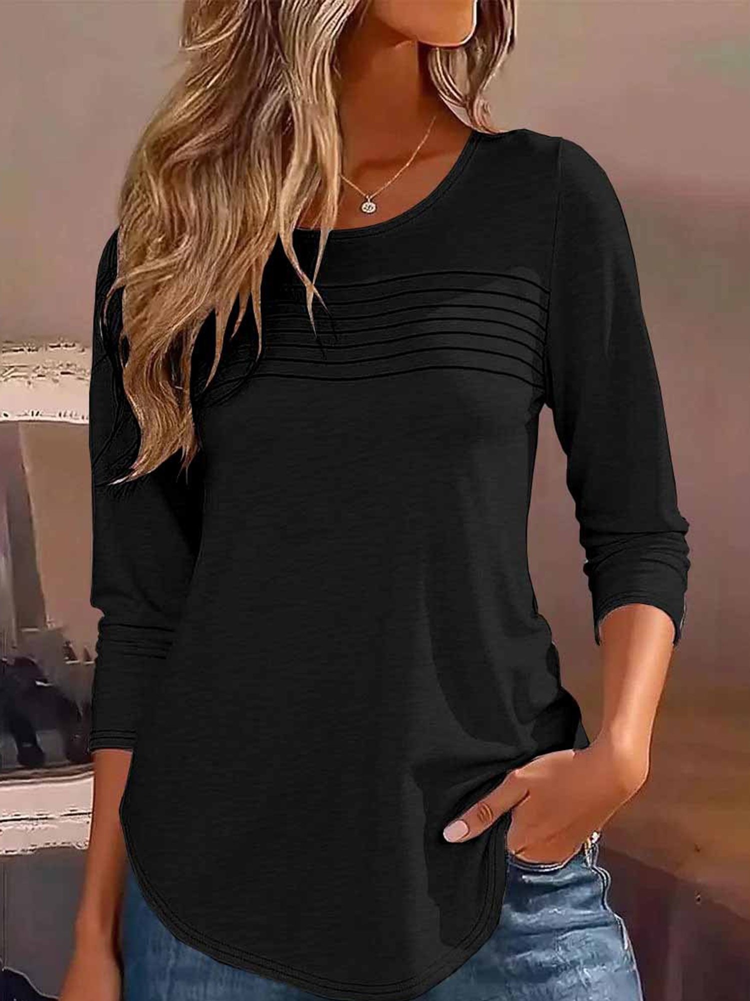 Women Plain Crew Neck Casual Long Sleeve T-shirt