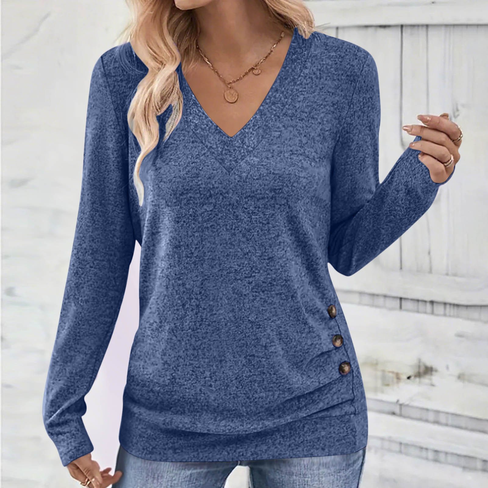 Women Plain V Neck Casual Long Sleeve T-shirt