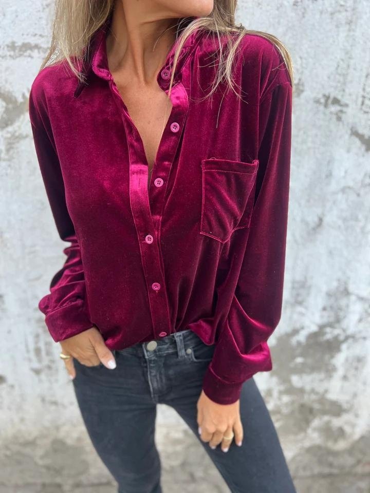 Women's Long Sleeve Shirt Spring/Fall Coffee Plain Split Joint Pleuche V Neck Daily Going Out Casual Top
