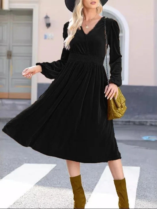 Women's Long Sleeve Spring/Fall Brown Plain Split Joint V Neck Daily Going Out Vintage Maxi A-Line T-Shirt Pleuche Dress