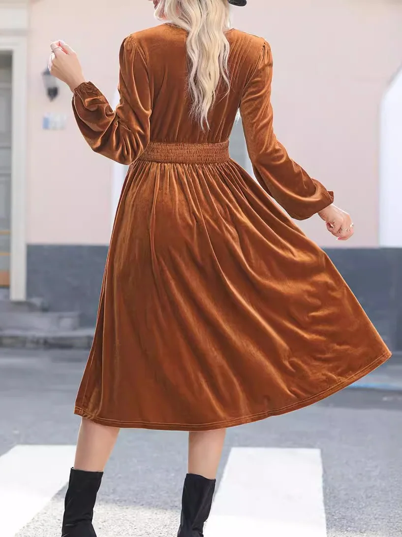 Women's Long Sleeve Spring/Fall Brown Plain Split Joint V Neck Daily Going Out Vintage Maxi A-Line T-Shirt Pleuche Dress
