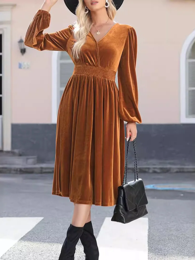 Women's Long Sleeve Spring/Fall Brown Plain Split Joint V Neck Daily Going Out Vintage Maxi A-Line T-Shirt Pleuche Dress
