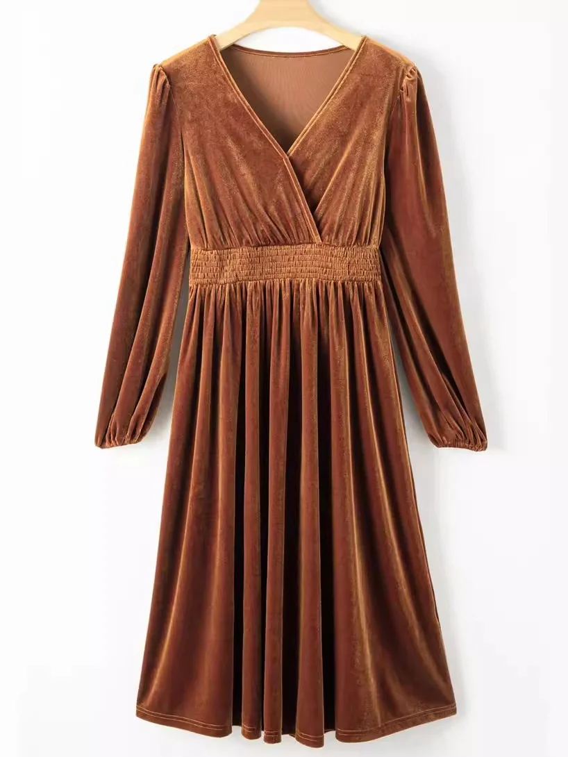 Women's Long Sleeve Spring/Fall Brown Plain Split Joint V Neck Daily Going Out Vintage Maxi A-Line T-Shirt Pleuche Dress