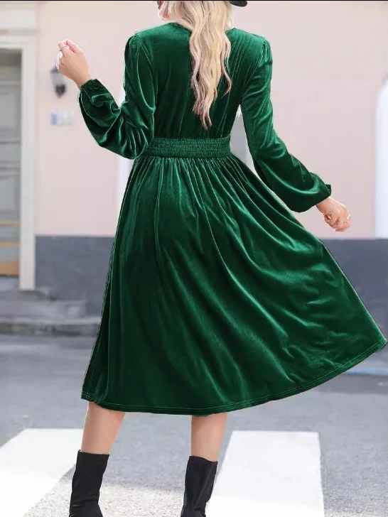 Women's Long Sleeve Spring/Fall Brown Plain Split Joint V Neck Daily Going Out Vintage Maxi A-Line T-Shirt Pleuche Dress