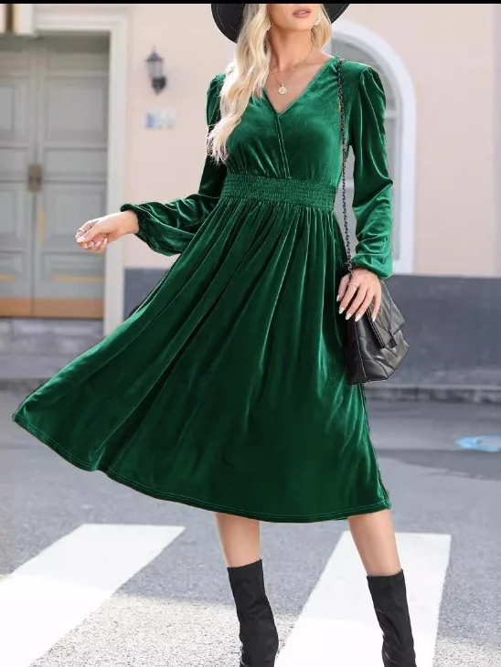 Women's Long Sleeve Spring/Fall Brown Plain Split Joint V Neck Daily Going Out Vintage Maxi A-Line T-Shirt Pleuche Dress