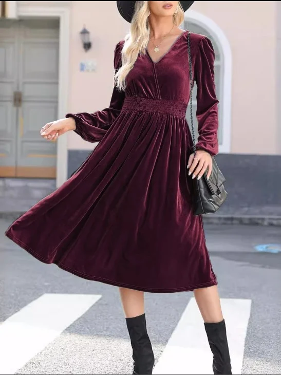Women's Long Sleeve Spring/Fall Brown Plain Split Joint V Neck Daily Going Out Vintage Maxi A-Line T-Shirt Pleuche Dress