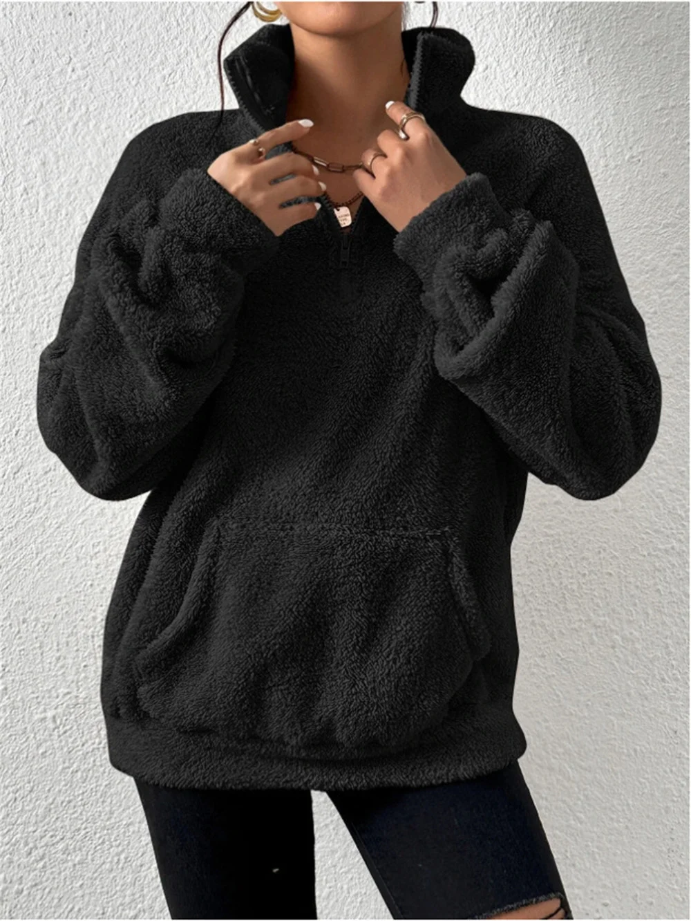 Split Joint Casual Loose Plush And Fleece Women's Stand Collar Zipper Sweatshirt