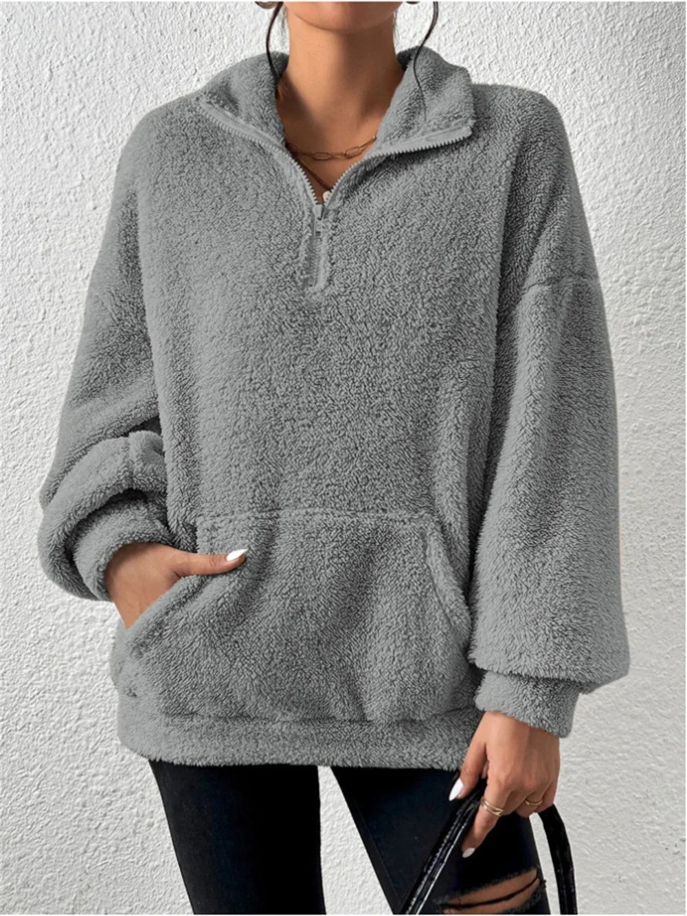 Split Joint Casual Loose Plush And Fleece Women's Stand Collar Zipper Sweatshirt