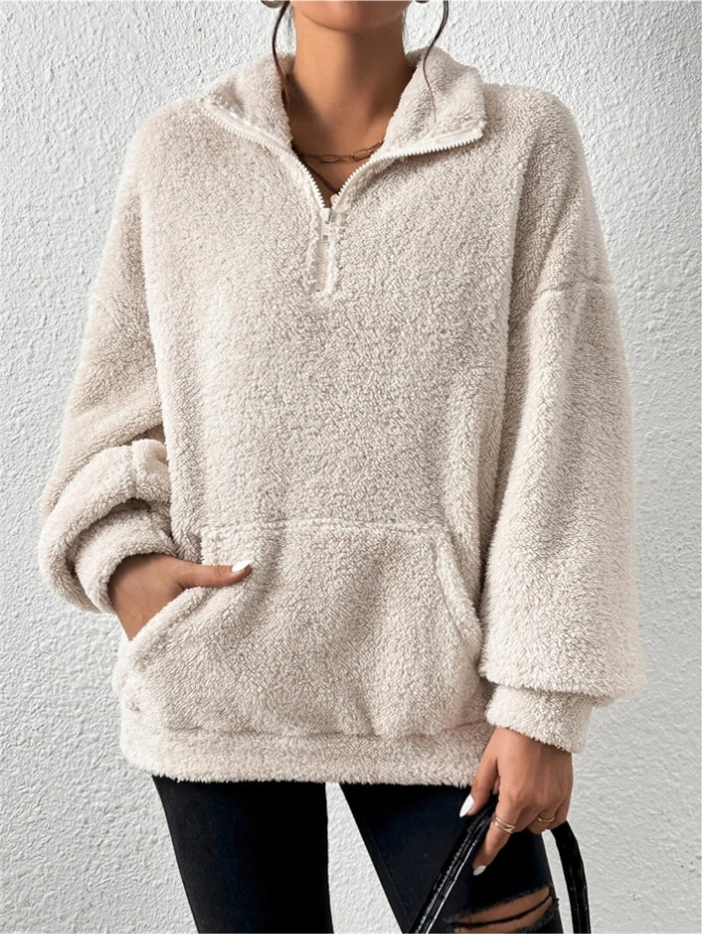 Split Joint Casual Loose Plush And Fleece Women's Stand Collar Zipper Sweatshirt