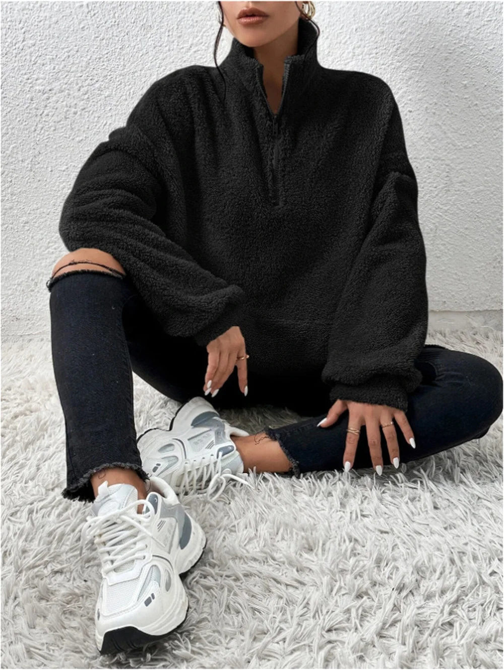 Split Joint Casual Loose Plush And Fleece Women's Stand Collar Zipper Sweatshirt