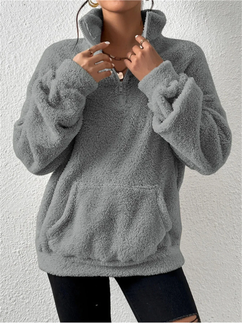 Split Joint Casual Loose Plush And Fleece Women's Stand Collar Zipper Sweatshirt