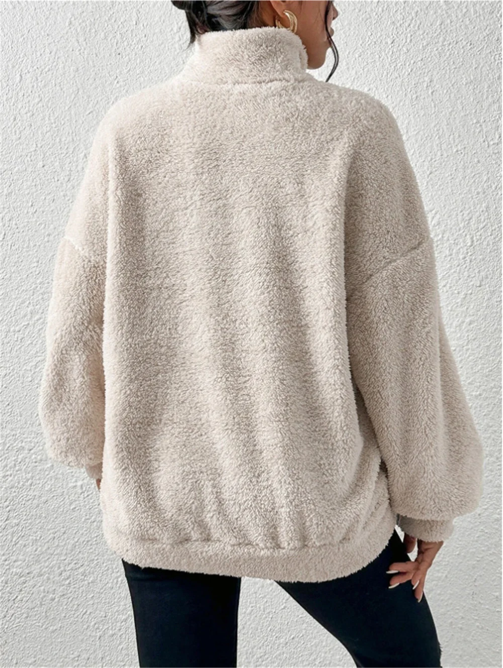 Split Joint Casual Loose Plush And Fleece Women's Stand Collar Zipper Sweatshirt