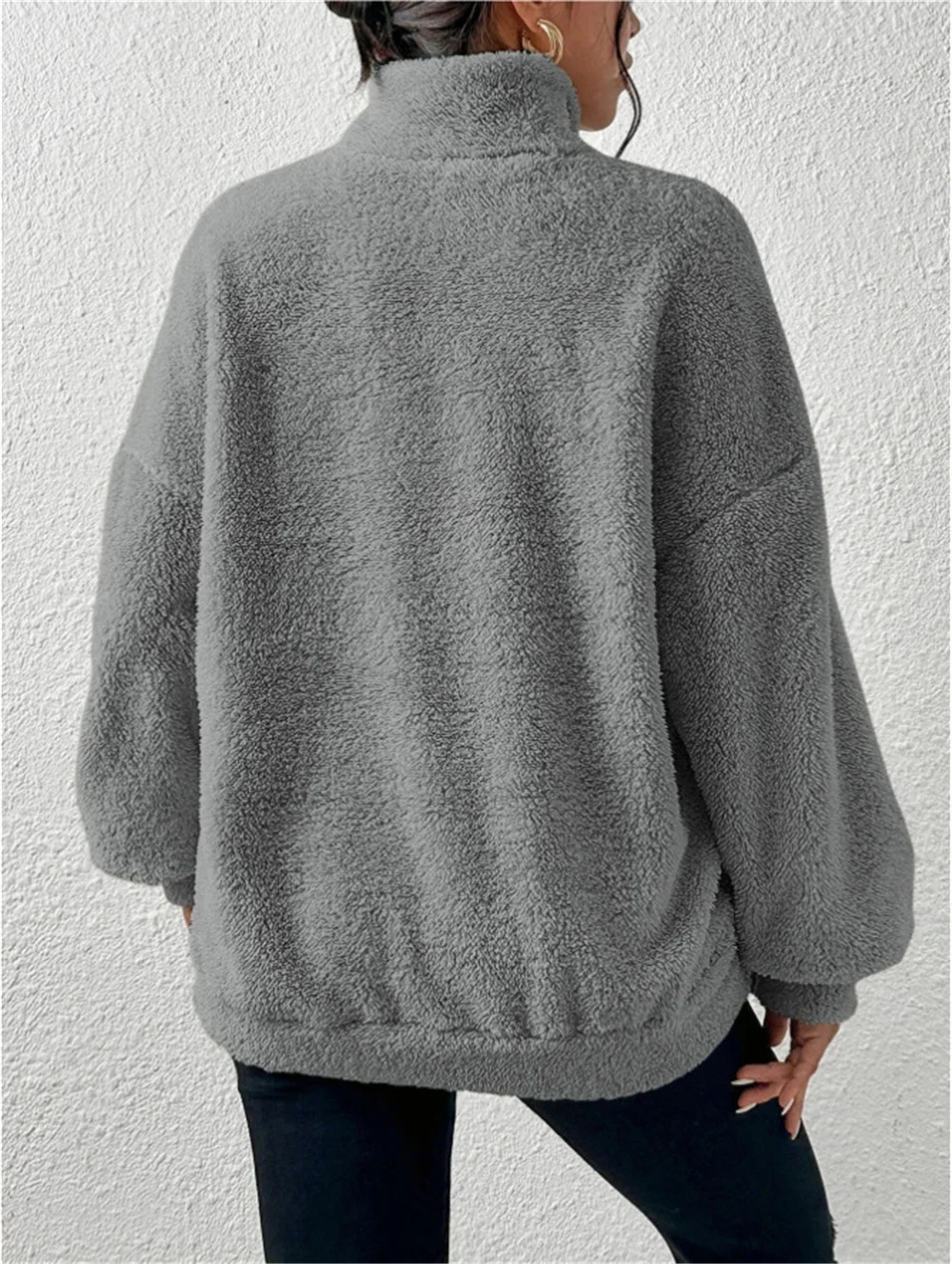 Split Joint Casual Loose Plush And Fleece Women's Stand Collar Zipper Sweatshirt