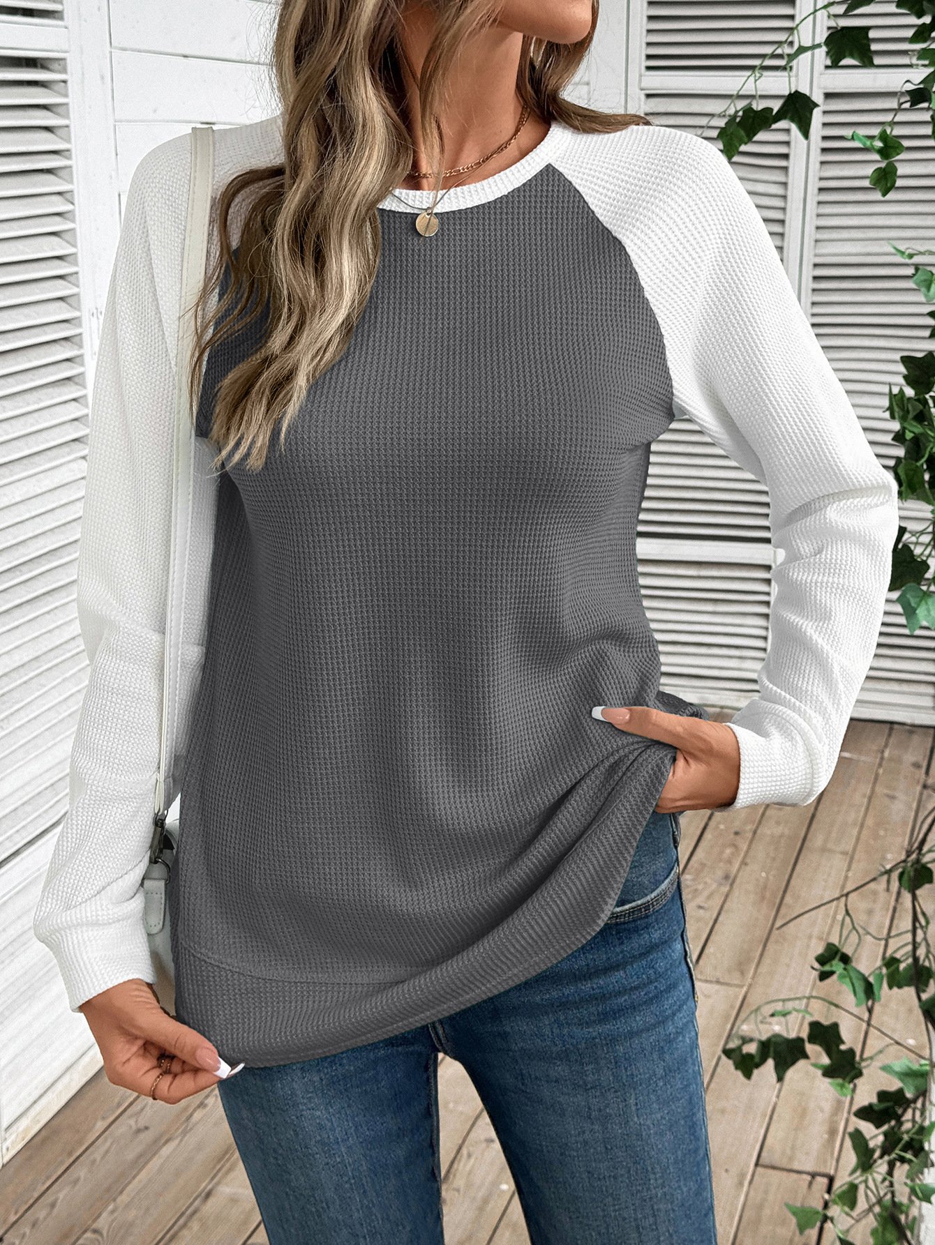 Women Color Block Crew Neck Casual Long Sleeve T-shirt