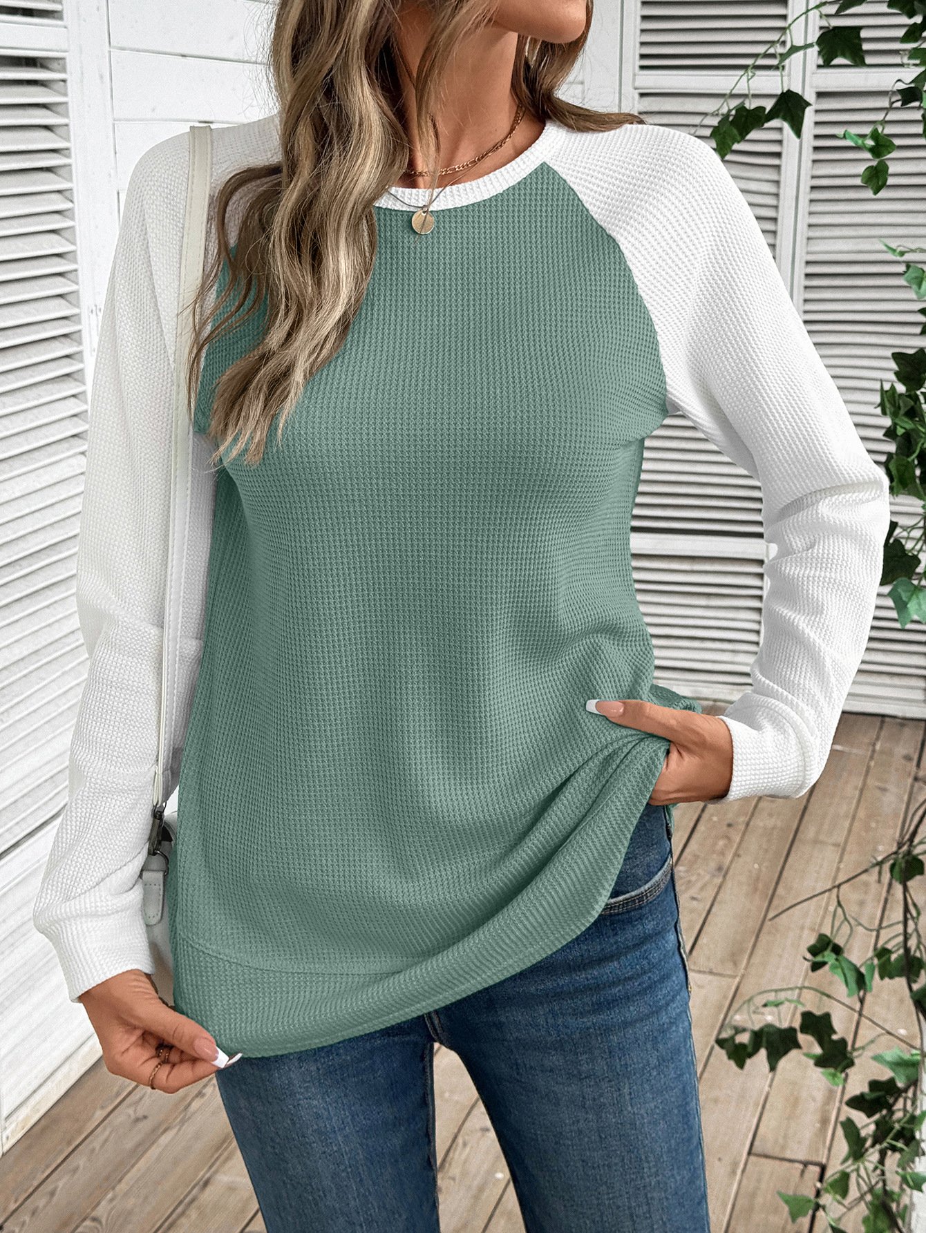 Women Color Block Crew Neck Casual Long Sleeve T-shirt