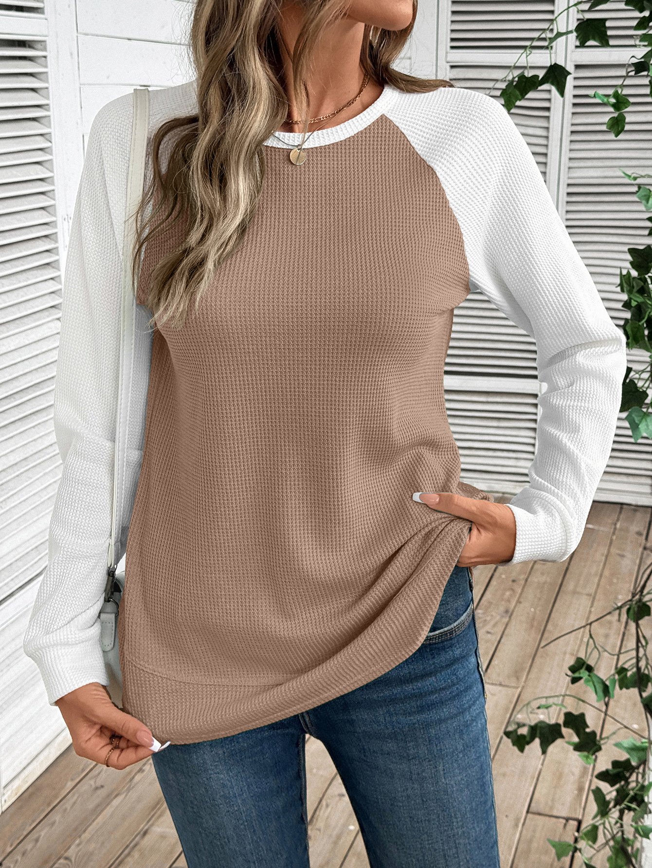 Women Color Block Crew Neck Casual Long Sleeve T-shirt