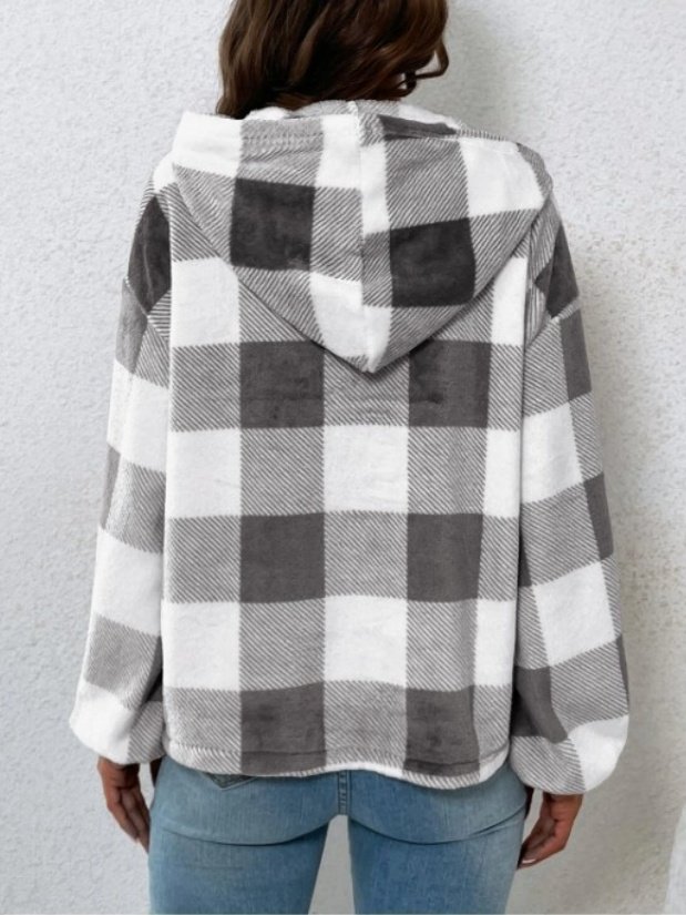 Flannel Autumn And Winter New Plaid Half-open Collar Buttoned Hooded Plush Loose Casual Printing Urban Loose Sweatshirt