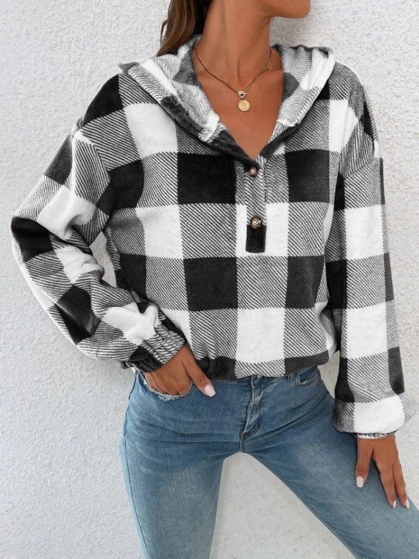 Flannel Autumn And Winter New Plaid Half-open Collar Buttoned Hooded Plush Loose Casual Printing Urban Loose Sweatshirt