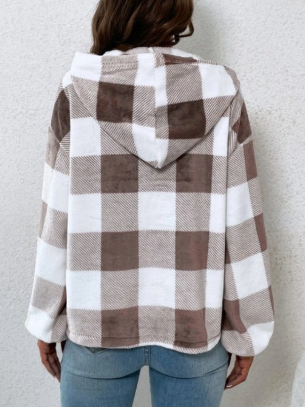 Flannel Autumn And Winter New Plaid Half-open Collar Buttoned Hooded Plush Loose Casual Printing Urban Loose Sweatshirt