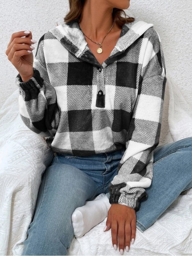 Flannel Autumn And Winter New Plaid Half-open Collar Buttoned Hooded Plush Loose Casual Printing Urban Loose Sweatshirt