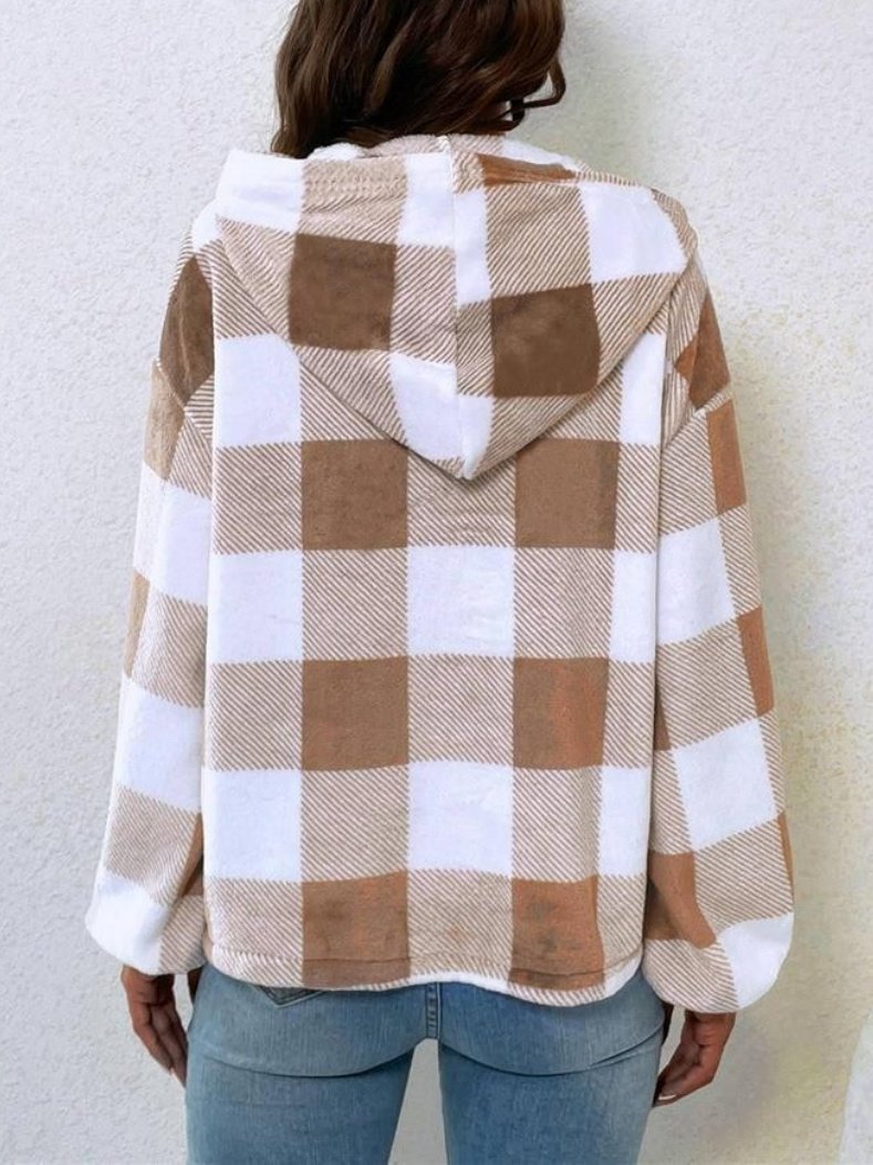 Flannel Autumn And Winter New Plaid Half-open Collar Buttoned Hooded Plush Loose Casual Printing Urban Loose Sweatshirt