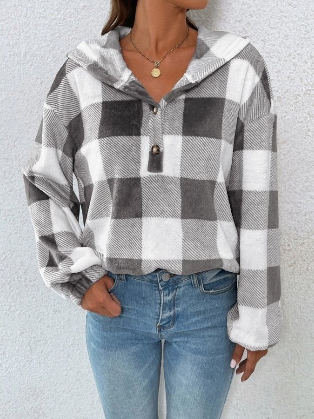 Flannel Autumn And Winter New Plaid Half-open Collar Buttoned Hooded Plush Loose Casual Printing Urban Loose Sweatshirt