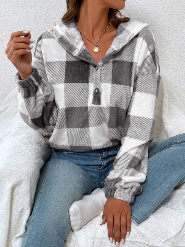 Flannel Autumn And Winter New Plaid Half-open Collar Buttoned Hooded Plush Loose Casual Printing Urban Loose Sweatshirt