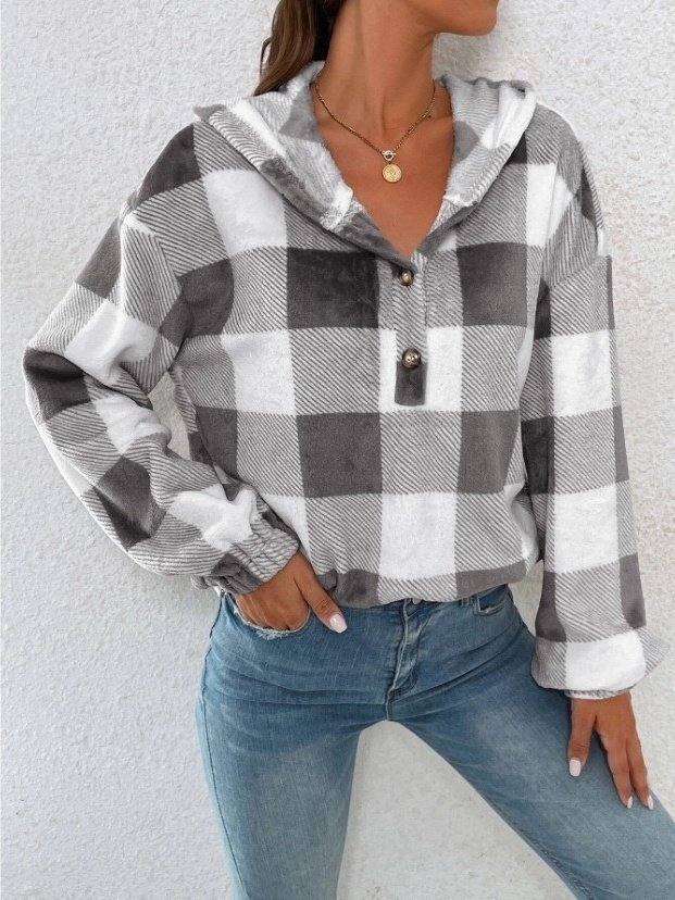 Flannel Autumn And Winter New Plaid Half-open Collar Buttoned Hooded Plush Loose Casual Printing Urban Loose Sweatshirt