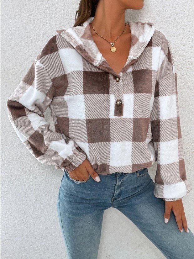 Flannel Autumn And Winter New Plaid Half-open Collar Buttoned Hooded Plush Loose Casual Printing Urban Loose Sweatshirt