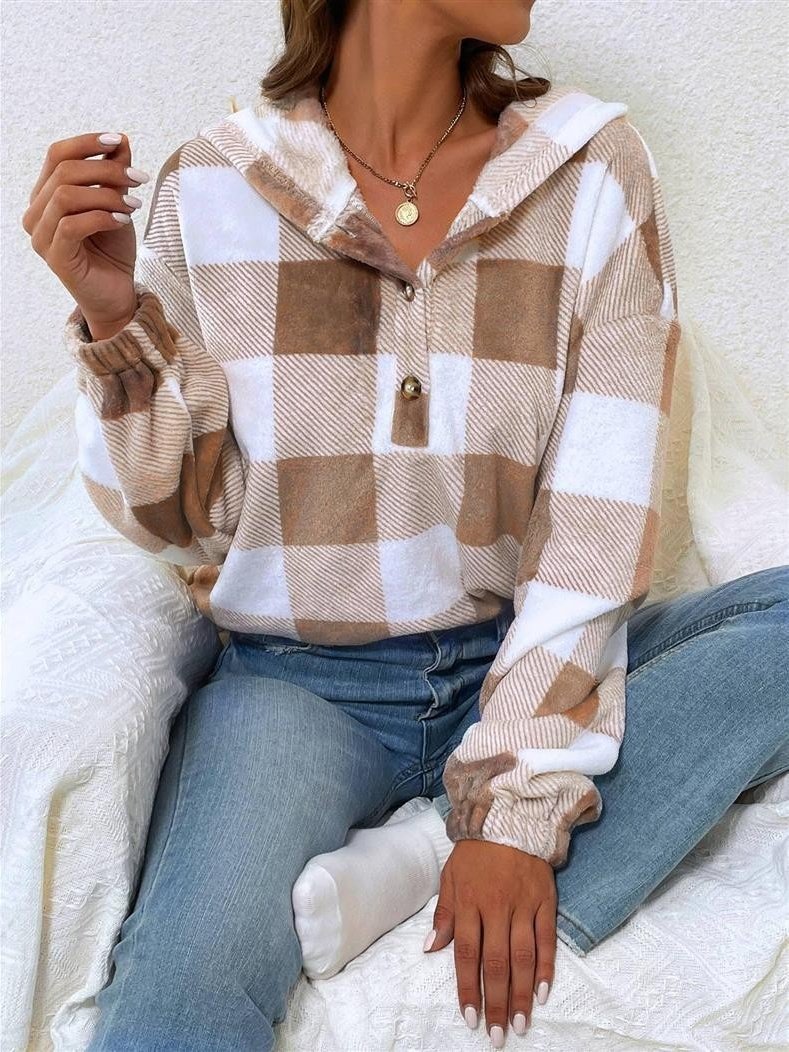 Flannel Autumn And Winter New Plaid Half-open Collar Buttoned Hooded Plush Loose Casual Printing Urban Loose Sweatshirt