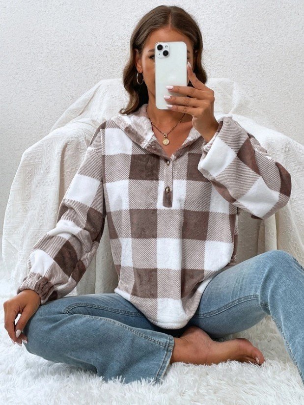 Flannel Autumn And Winter New Plaid Half-open Collar Buttoned Hooded Plush Loose Casual Printing Urban Loose Sweatshirt