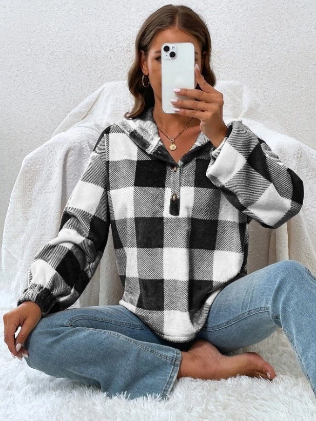 Flannel Autumn And Winter New Plaid Half-open Collar Buttoned Hooded Plush Loose Casual Printing Urban Loose Sweatshirt