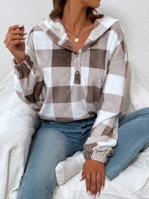 Flannel Autumn And Winter New Plaid Half-open Collar Buttoned Hooded Plush Loose Casual Printing Urban Loose Sweatshirt