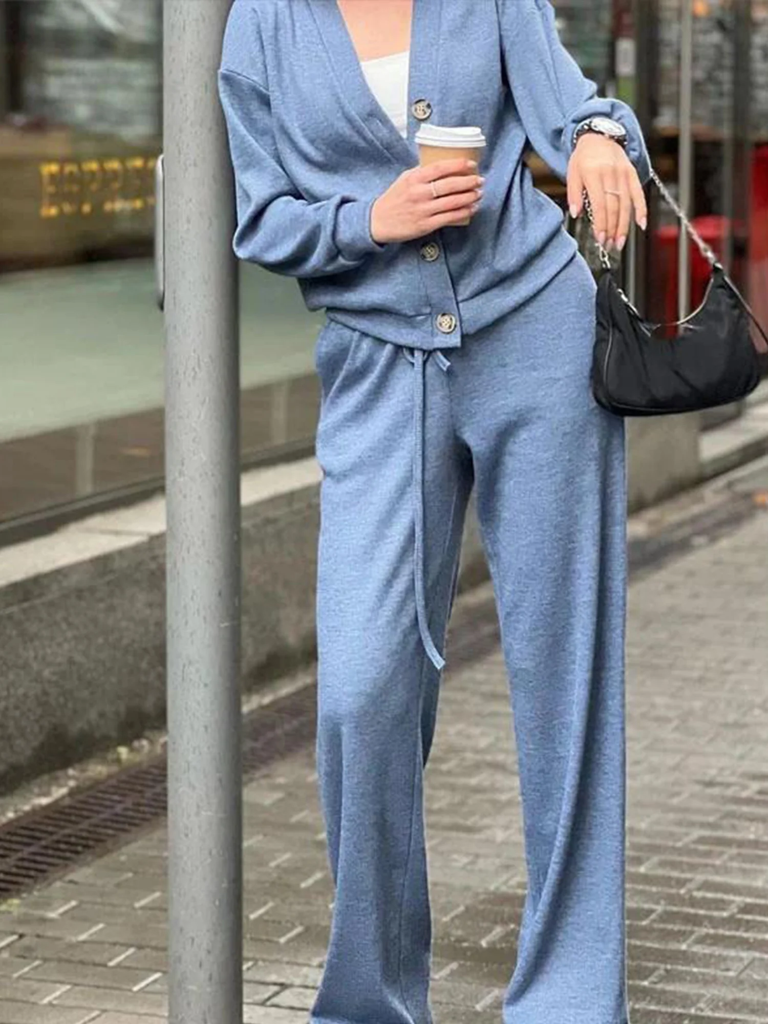 Casual Plain V Neck Two-Piece Set