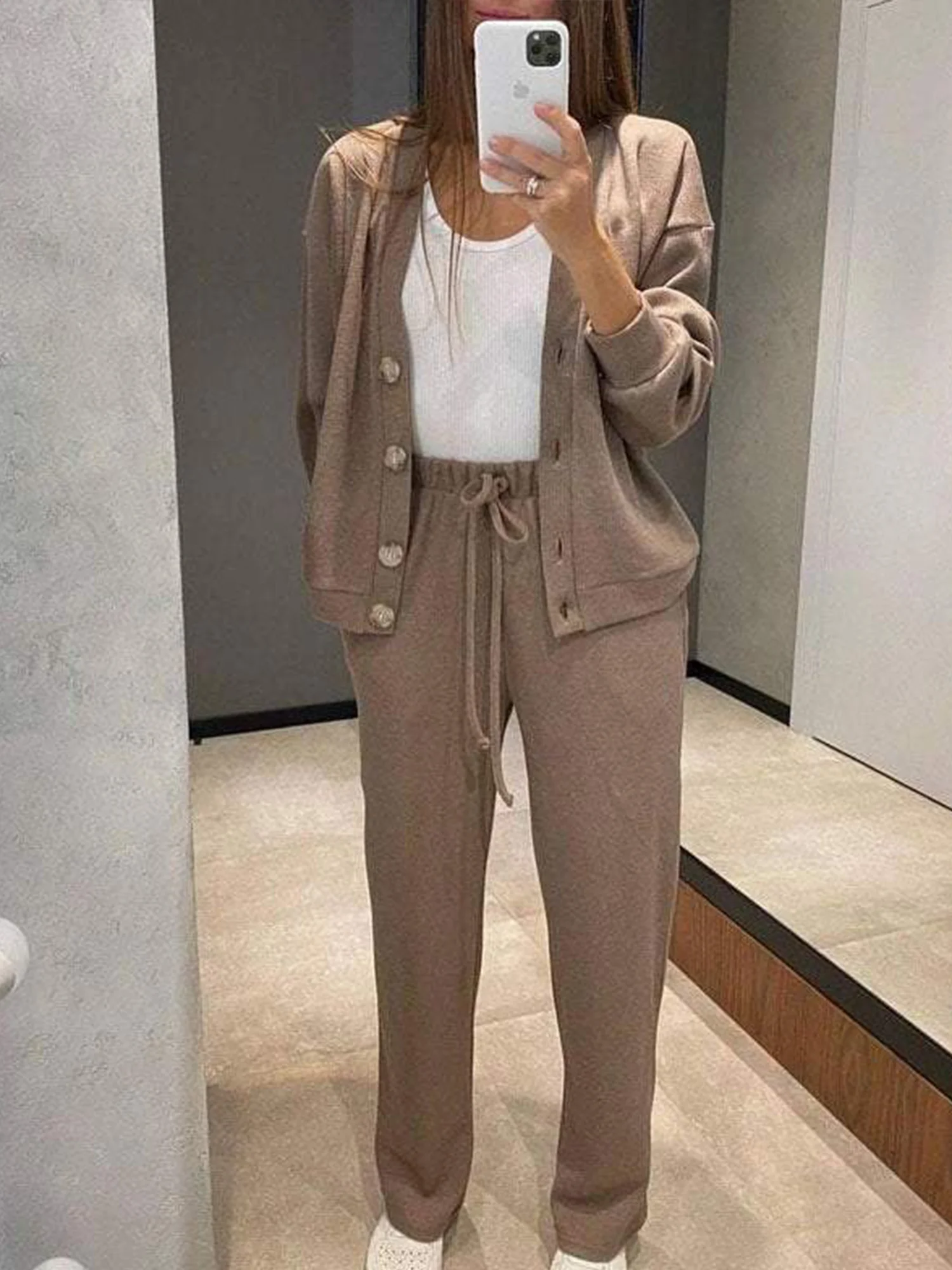 Casual Plain V Neck Two-Piece Set