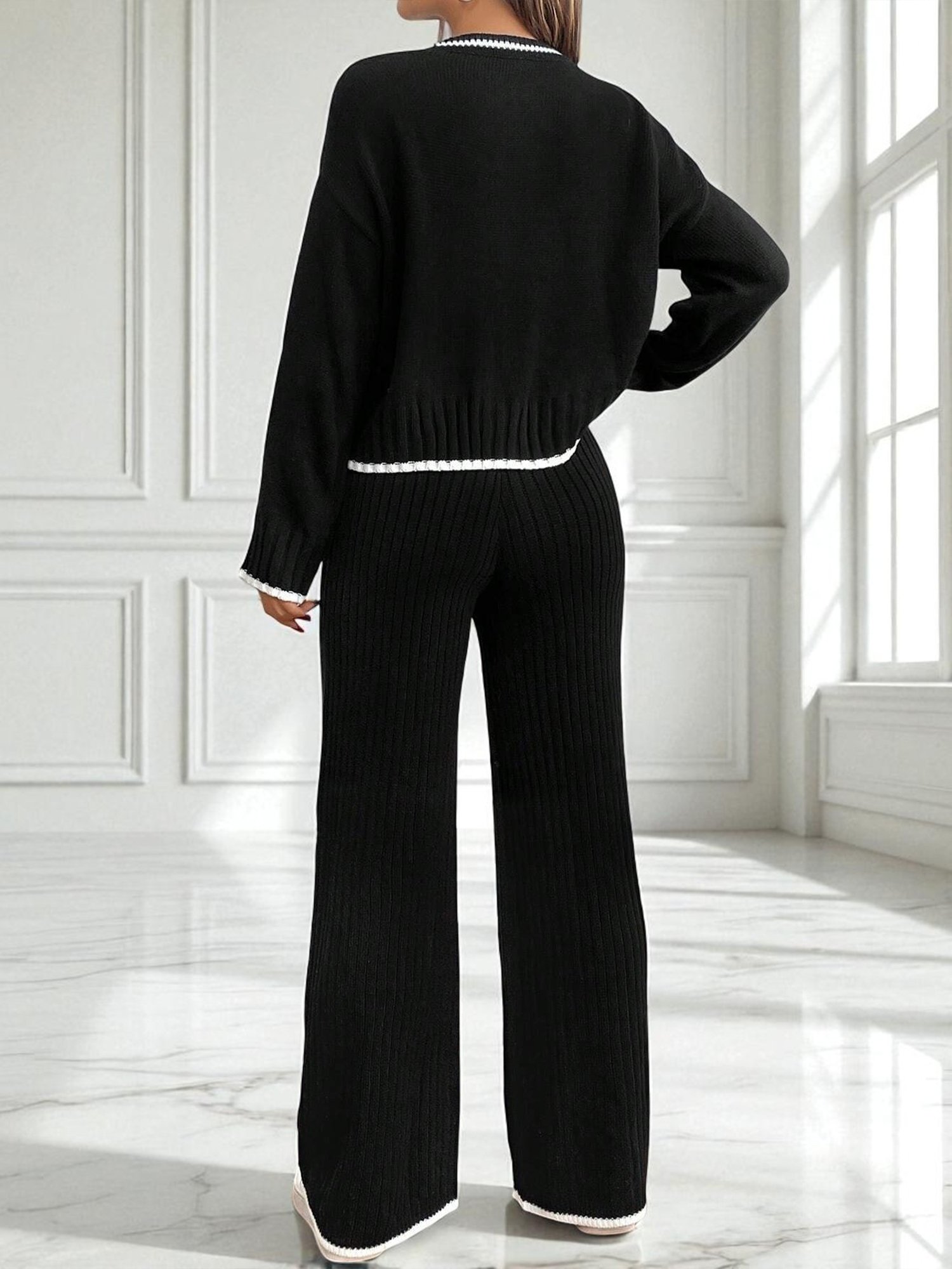 Casual Color Block Crew Neck Two-Piece Set