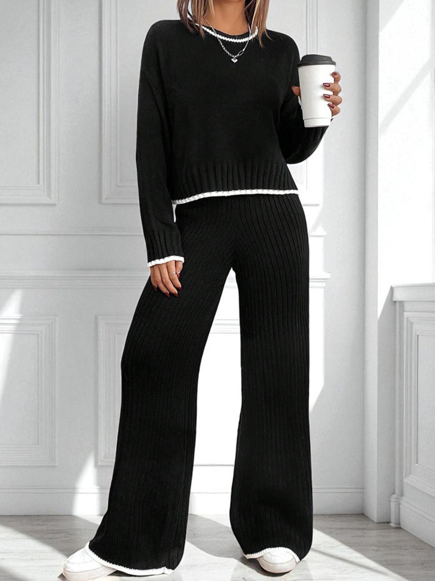 Casual Color Block Crew Neck Two-Piece Set