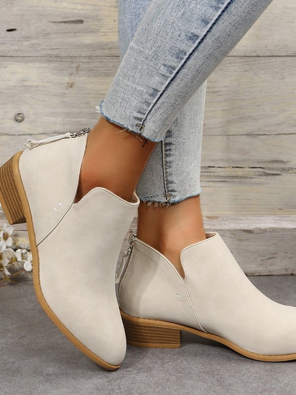 British Style Four Seasons Solid Color Pointed Toe Casual Rear Zipper Low Heel Thick Heel Single Shoes