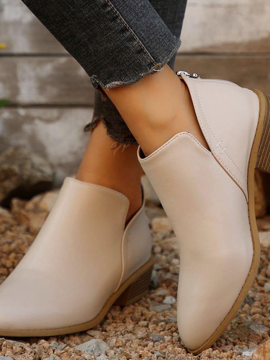 British Style Four Seasons Solid Color Pointed Toe Casual Rear Zipper Low Heel Thick Heel Single Shoes