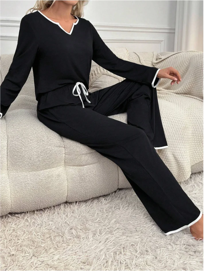 Solid Color V-Neck Loose Comfortable Casual Home Drawstring Trousers Suit Leisure Good Sleep Two-Piece Suit