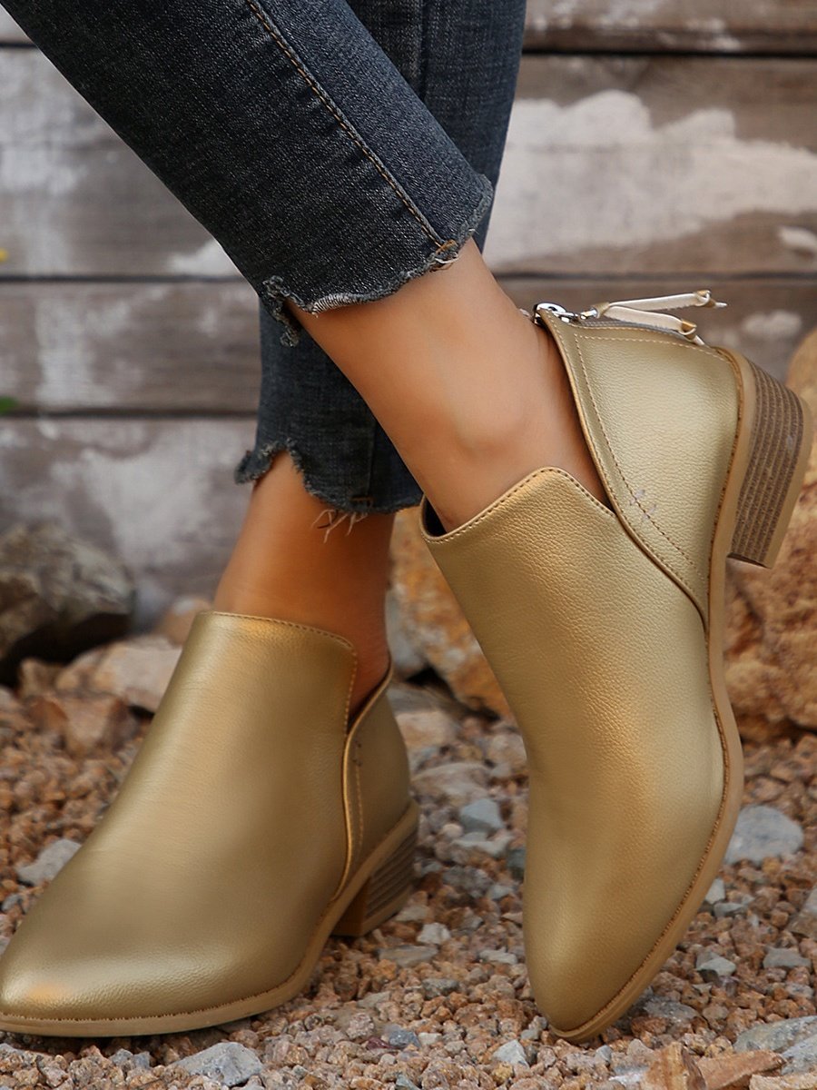 British Style Four Seasons Solid Color Pointed Toe Casual Rear Zipper Low Heel Thick Heel Single Shoes