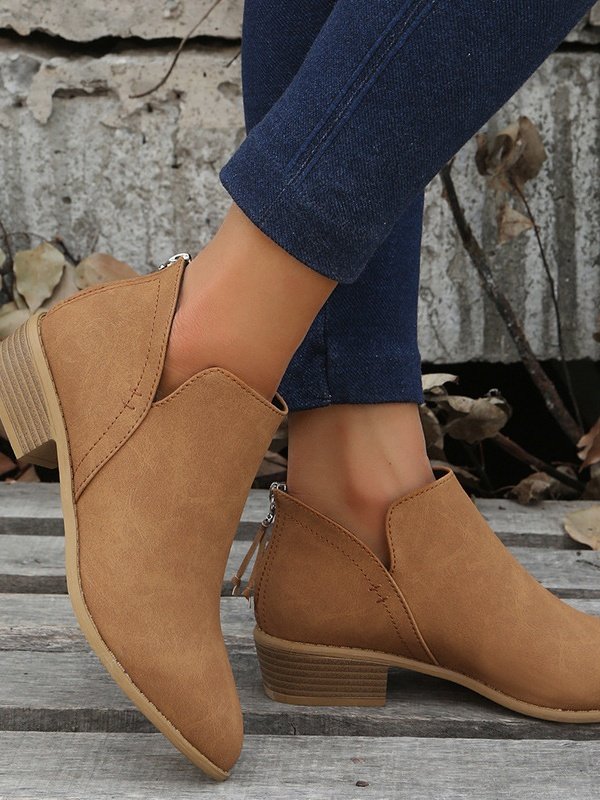 British Style Four Seasons Solid Color Pointed Toe Casual Rear Zipper Low Heel Thick Heel Single Shoes