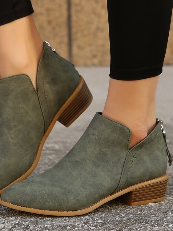 British Style Four Seasons Solid Color Pointed Toe Casual Rear Zipper Low Heel Thick Heel Single Shoes